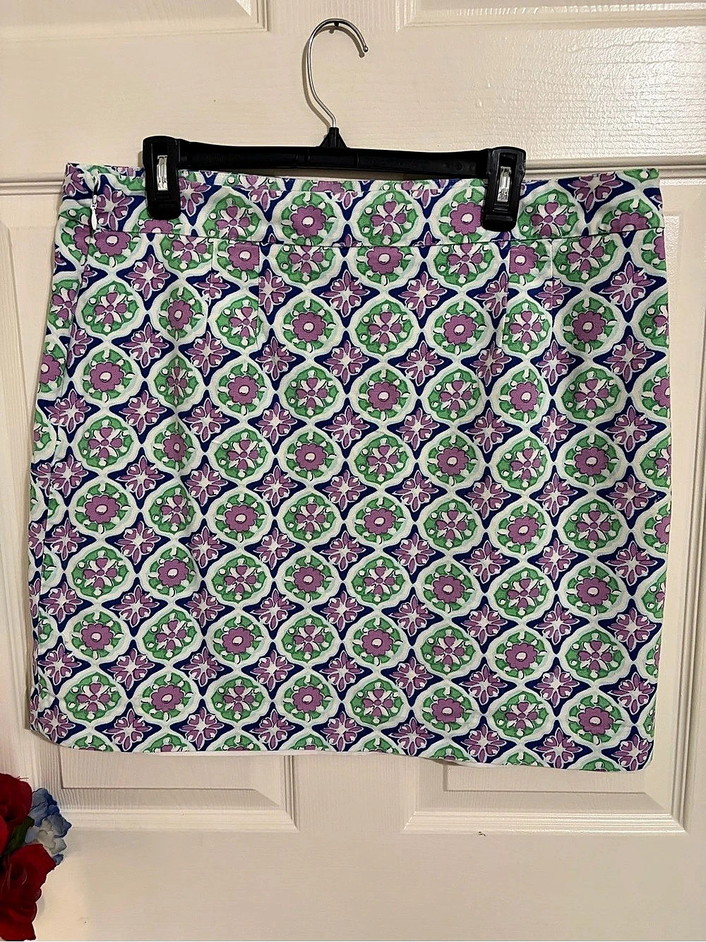 Talbots Canvas A-Line Skirt - Bold Medallion White & Green Size 16